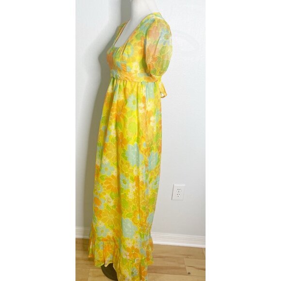 Vtg 60s 70s Yellow Floral Handmade Chiffon Hostess Empire Waist Maxi Dress S - Picture 2 of 3
